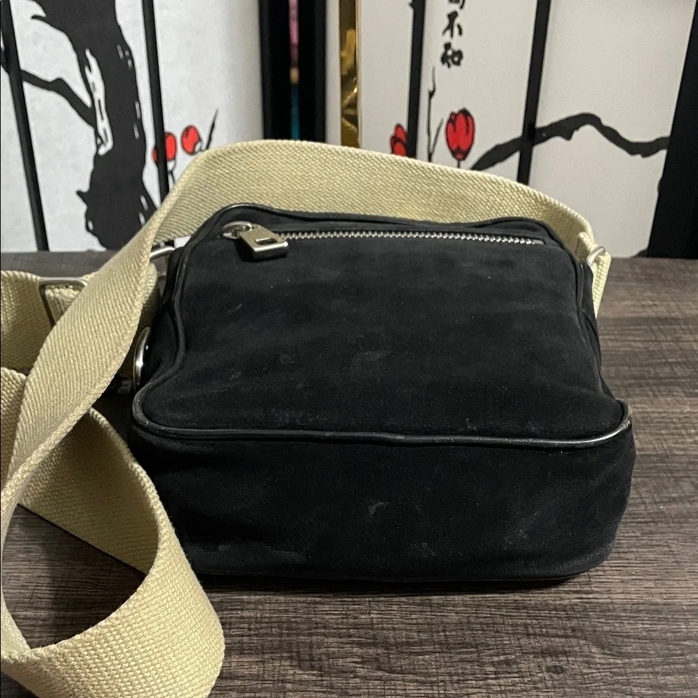 Marc Jacobs Suede Vintage Black Crossbody with Cream Strap and Red M Charm